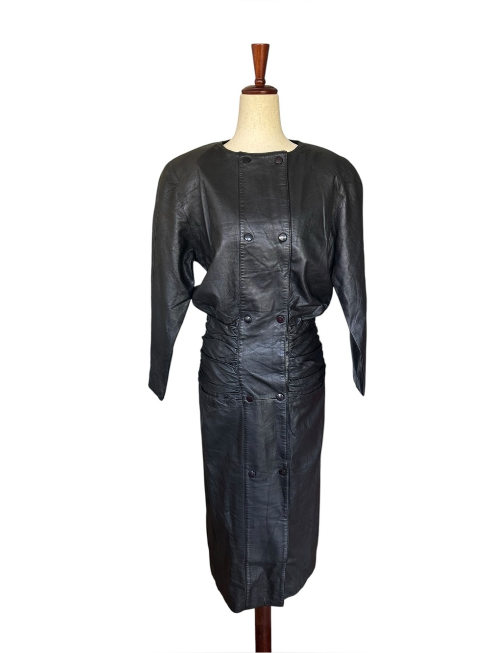 Vintage 80s Black Leather Snap Front Women's Coat Dress Ruching Big Shoulders M